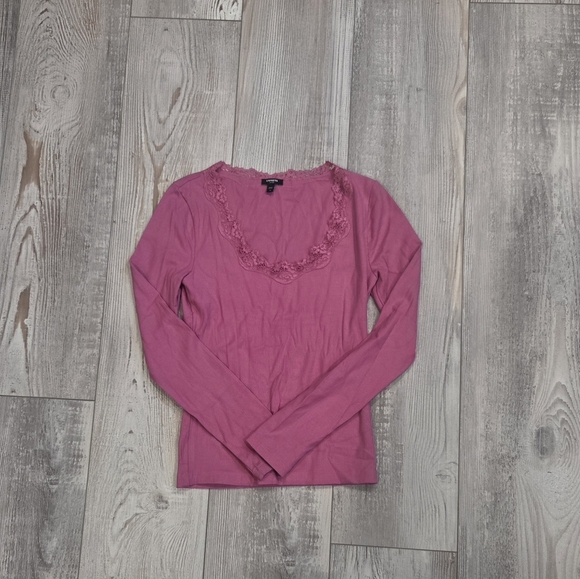 Express "HOT PINK" Lace Trim Long Sleeve Top- Ribbed - Picture 6 of 9